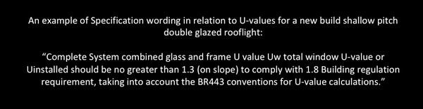 An example of Specification wording in relation to U-values for a new build shallow pitch double glazed rooflight